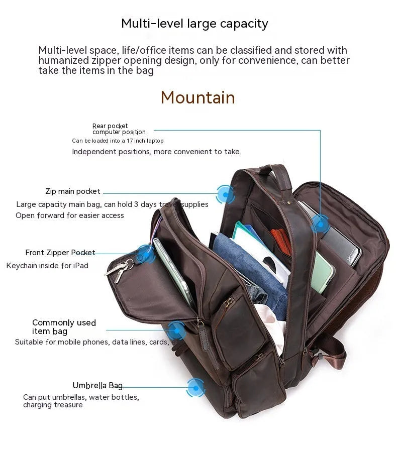 Dark brown genuine leather 17-inch laptop backpack with double straps and multiple pockets.