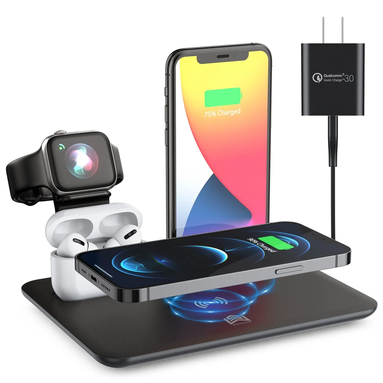 Black desktop wireless charging station with phone on pad, watch in bracket, and headphones on hook.