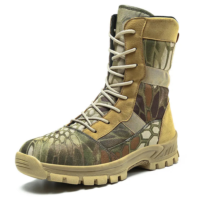 Men's black and camouflage high-top combat boots with mesh upper and totem detailing.