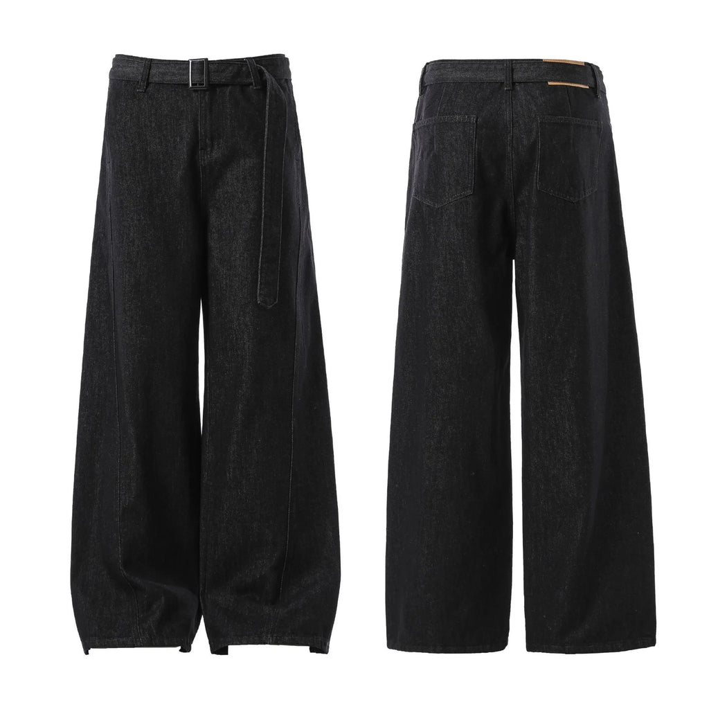 Black high waist straight-leg jeans with gold stitching on a mannequin