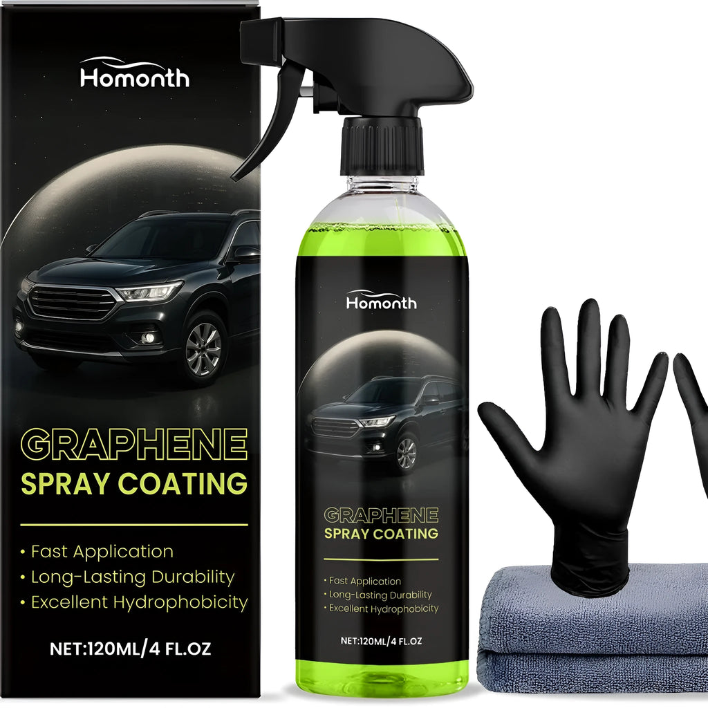 120ml graphene spray coating bottle with gloves and towel alongside fabric protection demonstration