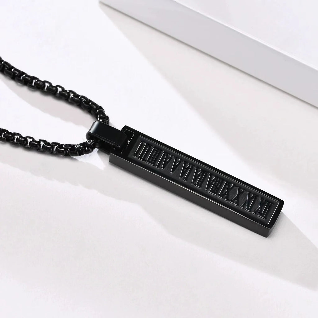 Stainless steel roman numeral pendant necklace available in black, gold, and steel colour options