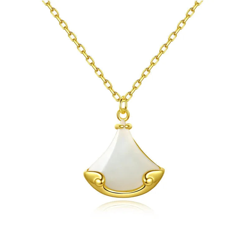 S925 sterling silver Hetian jade skirt pendant necklace on display with 40cm chain