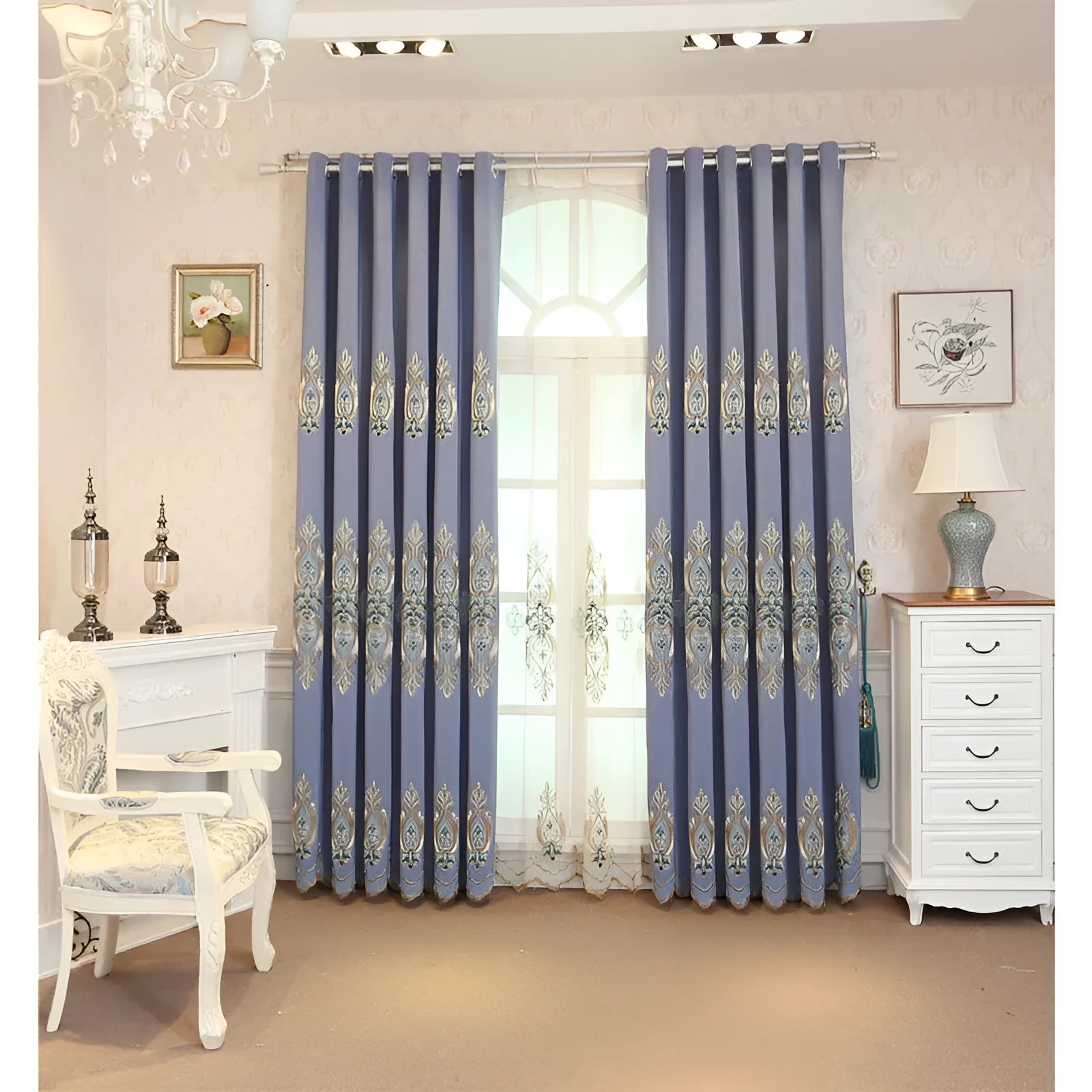 Slub cotton embroidery curtain fabric in beige with flat embroidery detailing for high shading vertical curtains