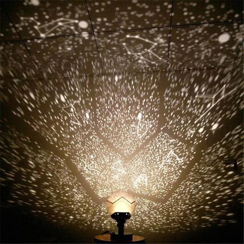 LED starry sky projector night light projecting constellation patterns on bedroom ceiling