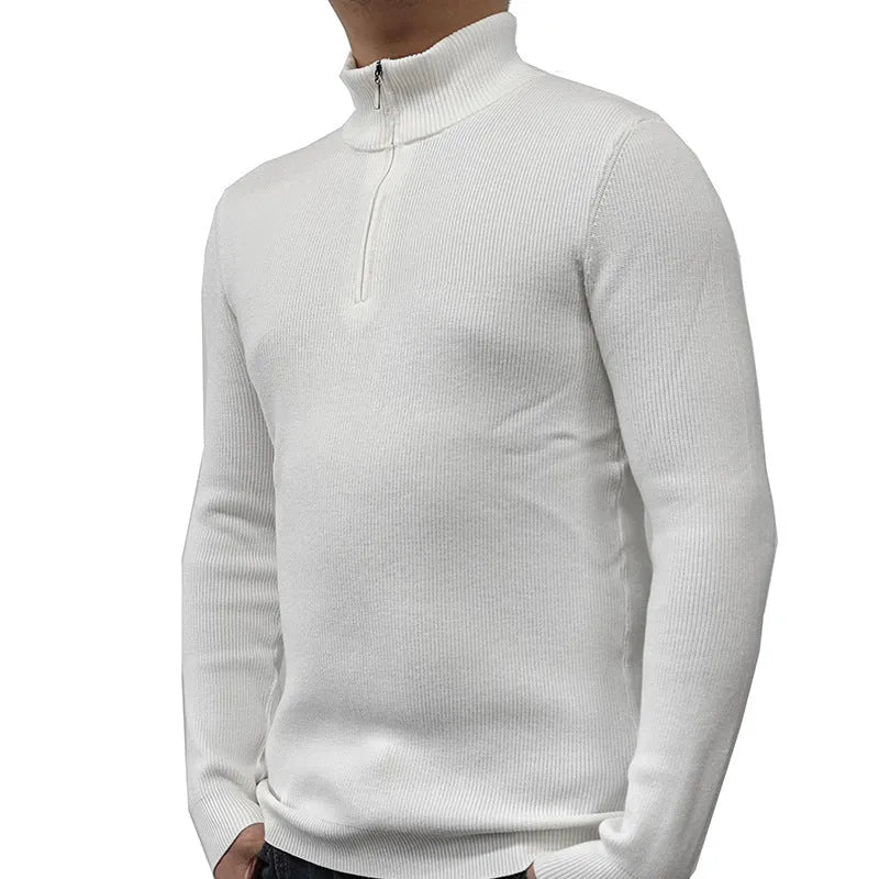 Men's half-turtleneck zip-front sweater in a cotton blend fabric, shown in one of five colour options.