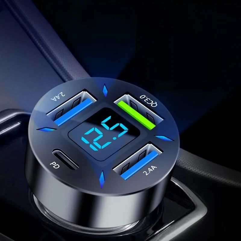 Four-port USB car charger with LED digital display showing voltage reading