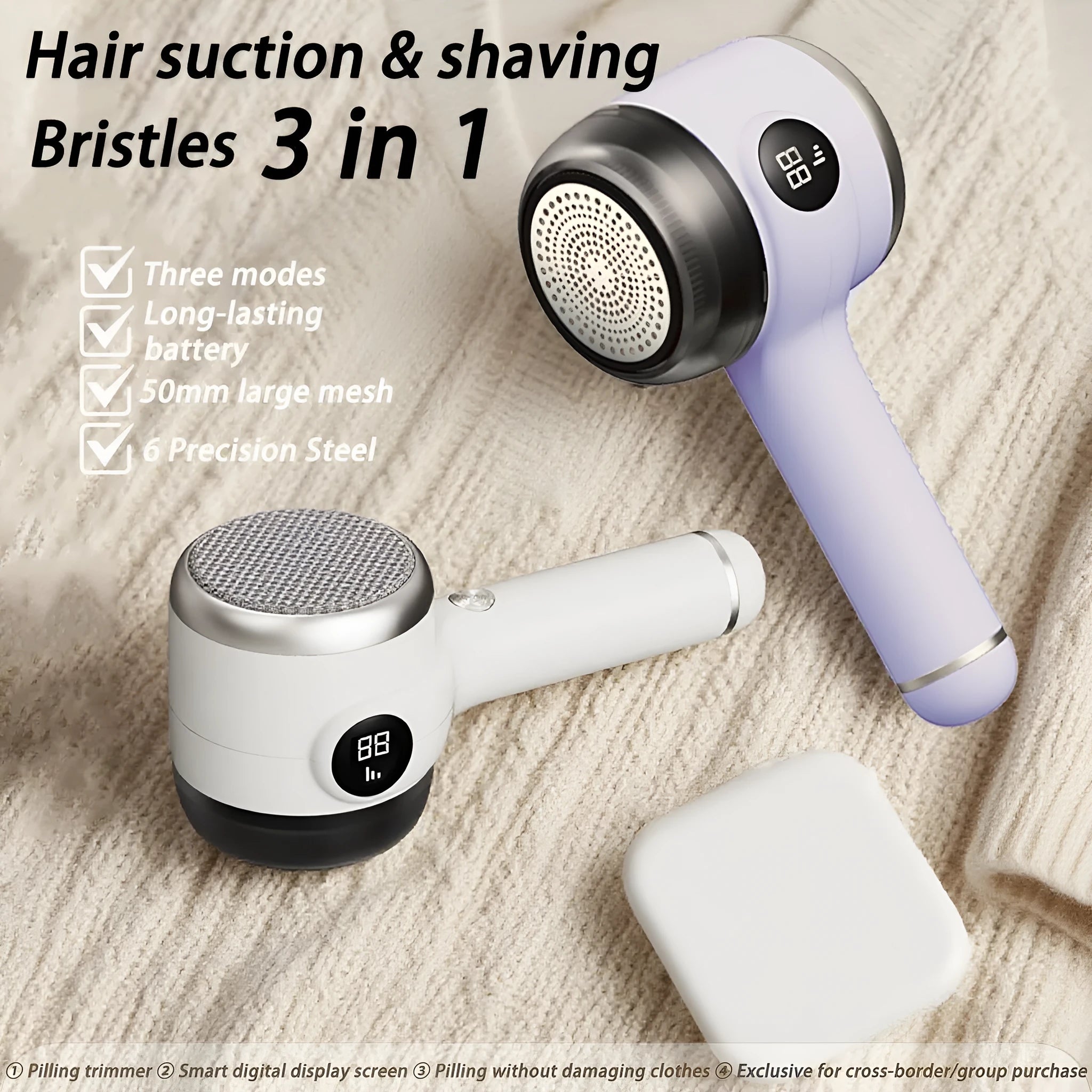Rechargeable fur ball trimmer for fabric care in white with charging cable