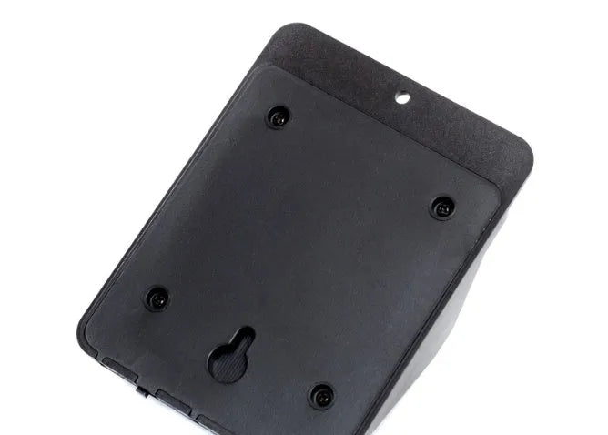 White rectangular solar-powered outdoor security light with four LED bulbs and an integrated solar panel on top.