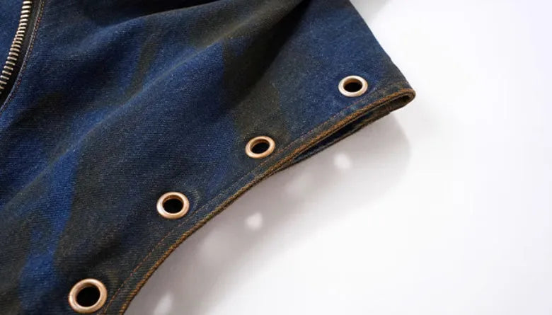 Blue hooded denim vest coat with matching trousers set in Korean style