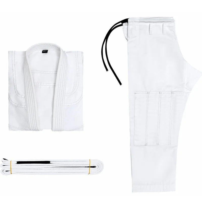 Brazilian Jiu-Jitsu gi uniform set in cotton blend fabric, showing colour options on a plain background.
