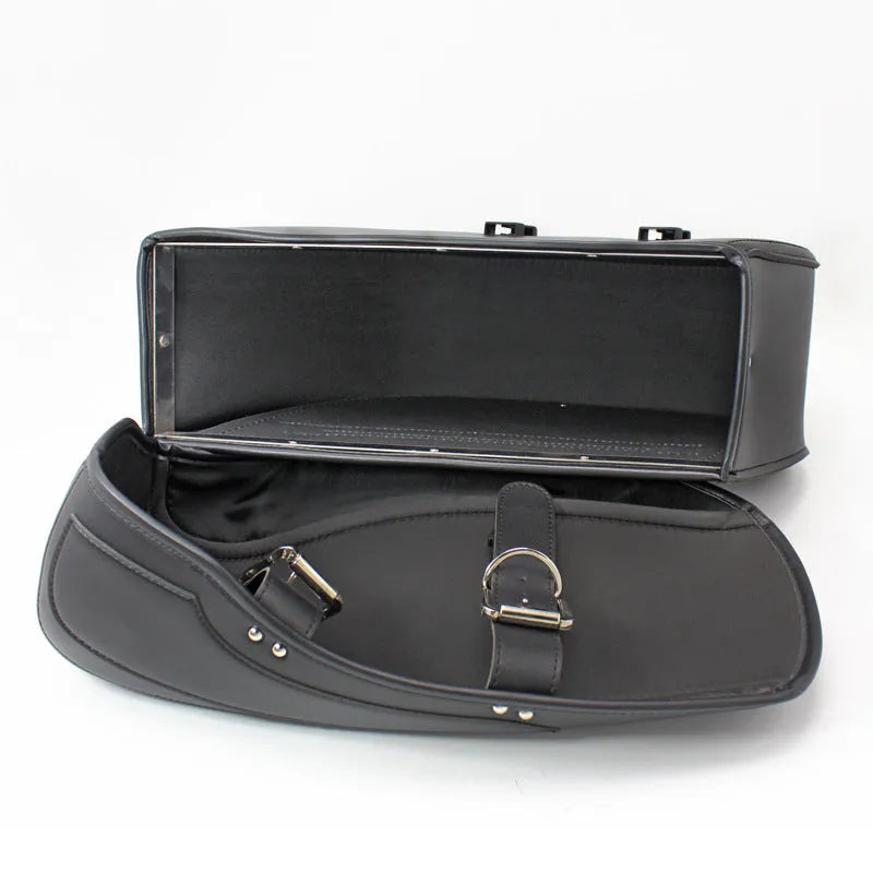 Motorcycle side box saddle bag in black PU leather with retro wind design showing dimensions