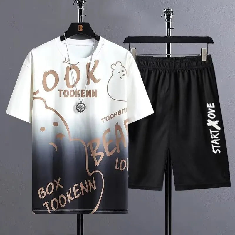 Men's light grey summer suit consisting of a short sleeve T-shirt and matching shorts on a hanger