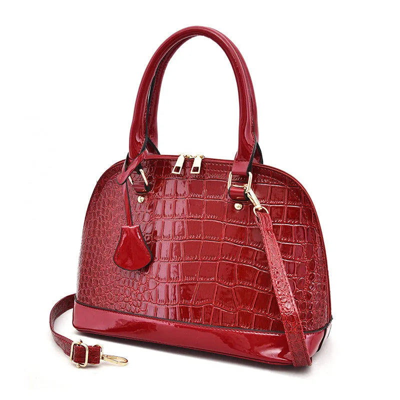 Large capacity shiny black PU leather crossbody bag with shell shape design