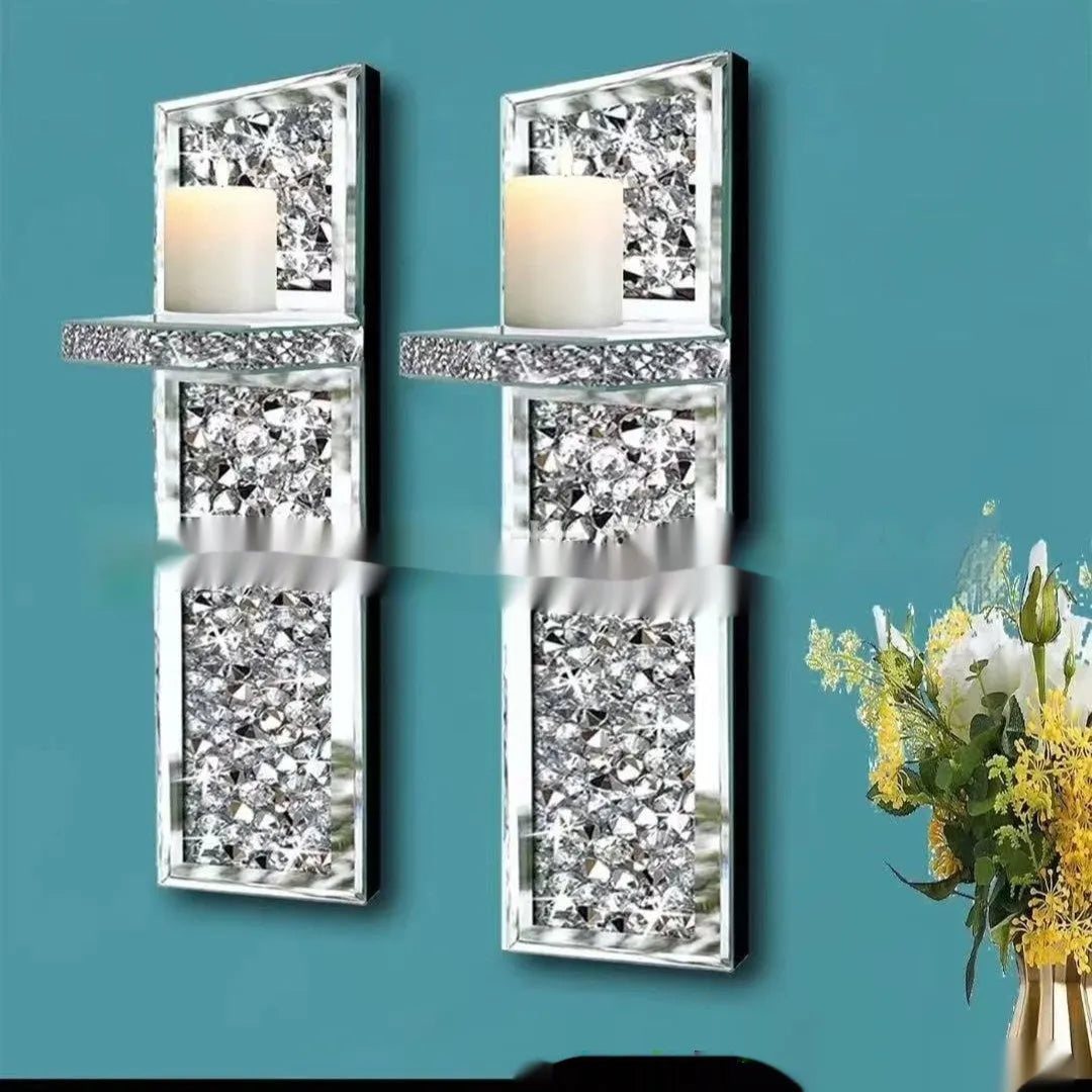Pair of silver mirror glass wall candle holders measuring 10x11x38cm