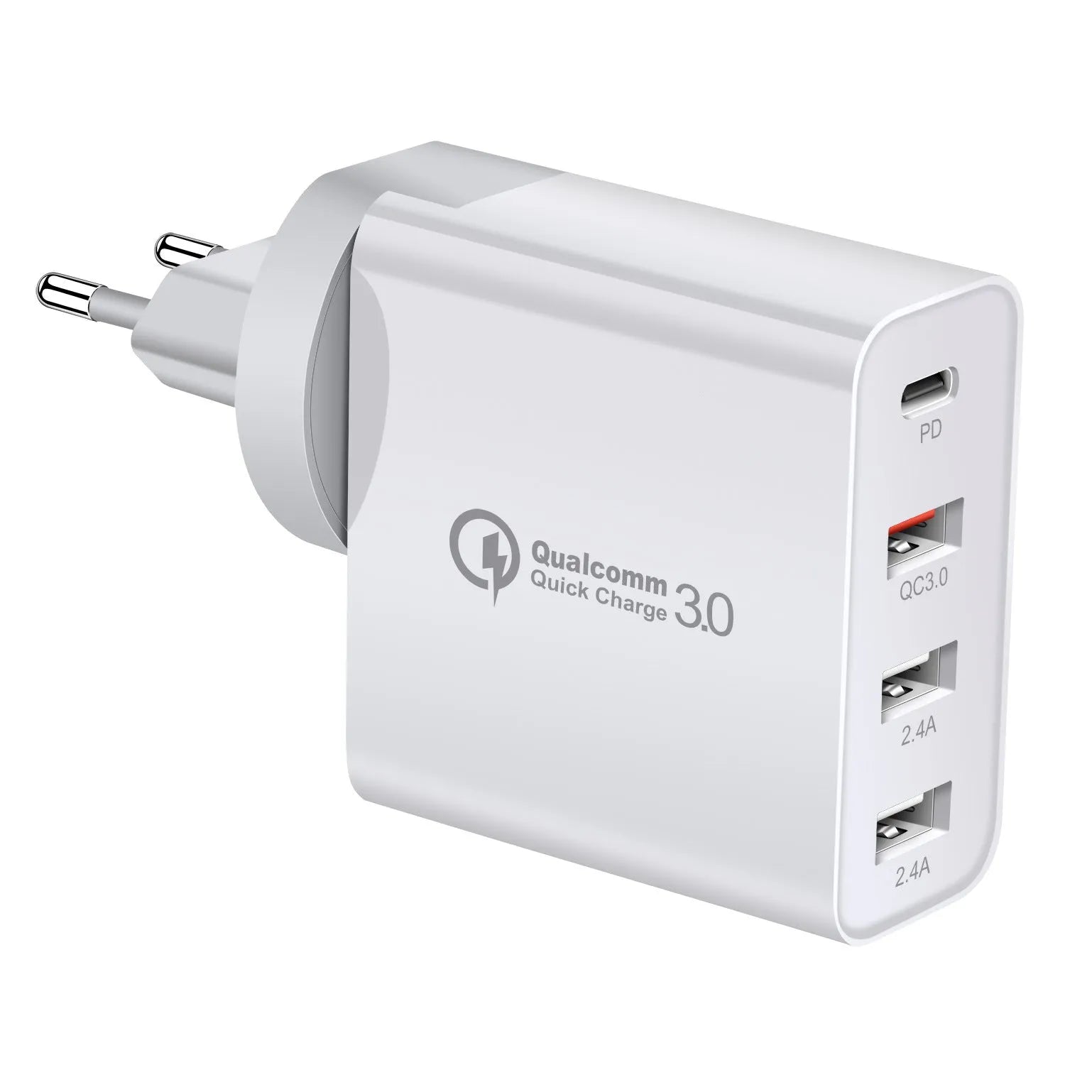 Black 48W four-port USB-C charger with UK plug for multiple device charging