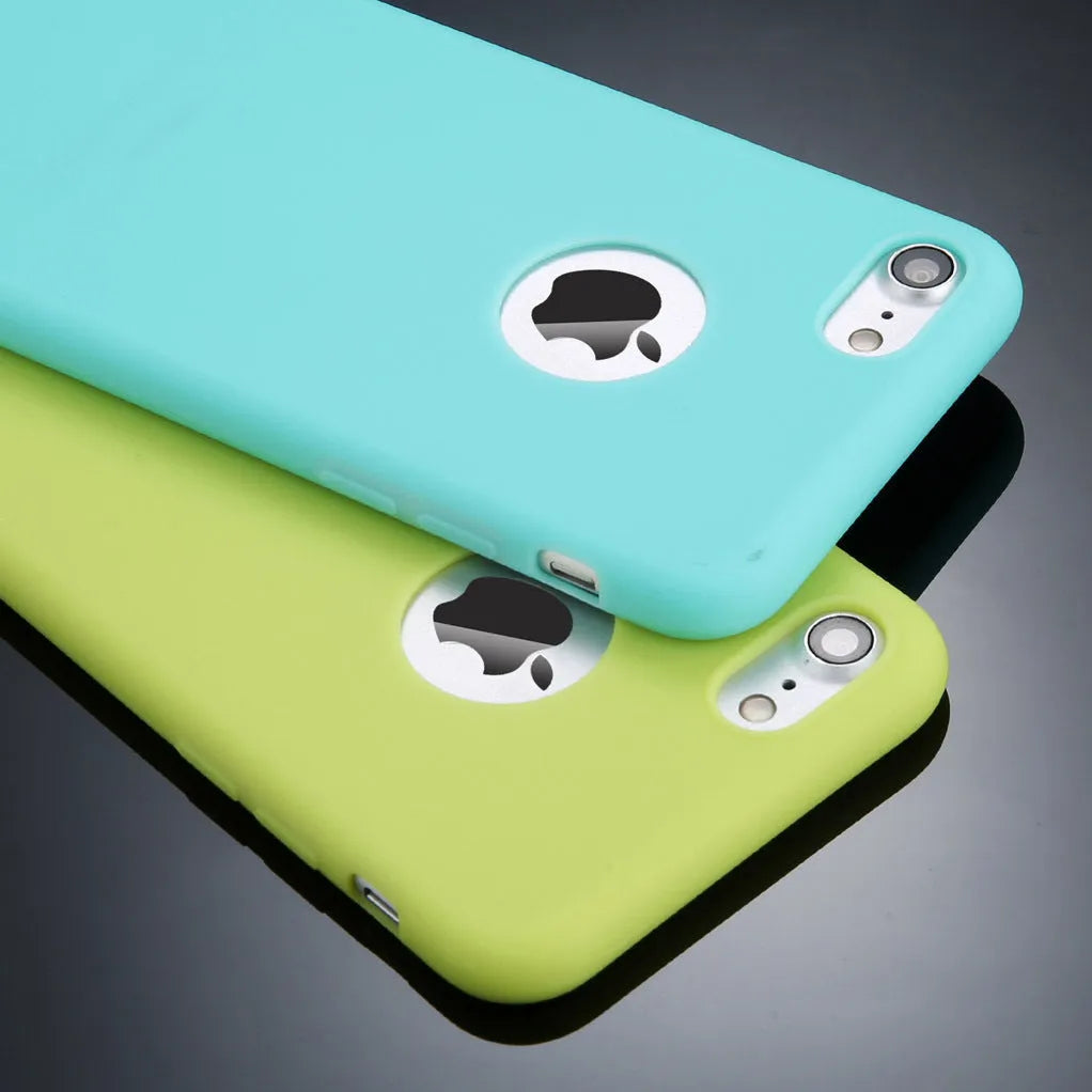 Soft silicone TPU iPhone case in candy colours of red, pink, blue, green, navy, and black.