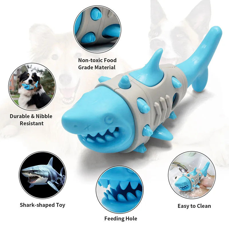Blue shark tooth dog teething toy with textured cleaning surface