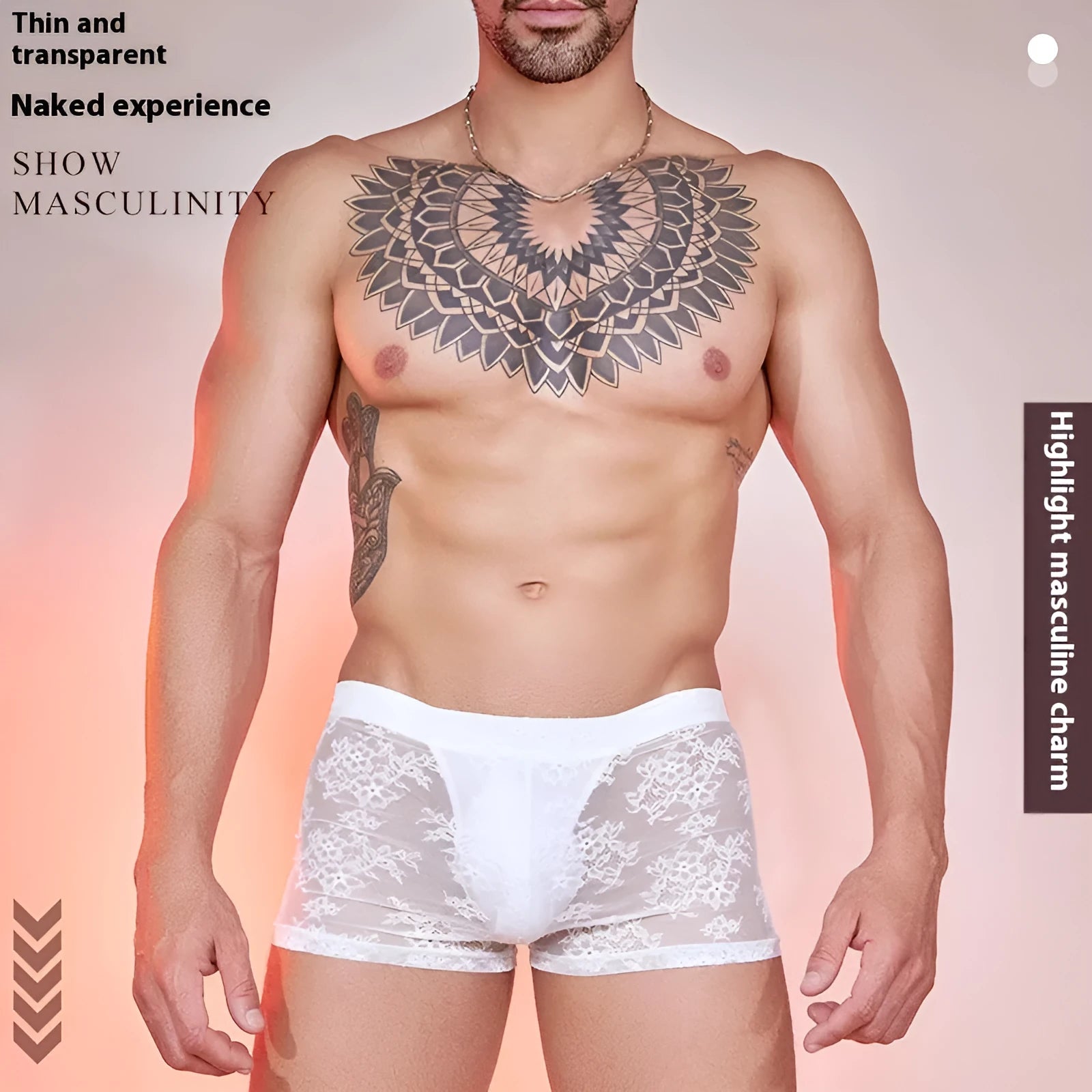Men's black boxer briefs with white lace trim detail on a grey background.