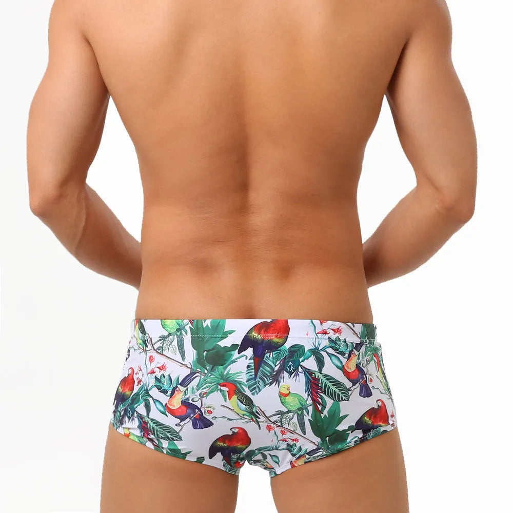 Men's flower and bird print swimming trunks in nylon boxer brief style