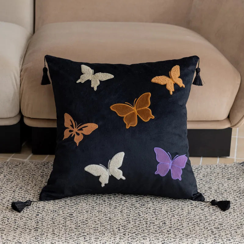 Butterfly embroidery cushion Chinese-style floral pattern 45x45 cm beige black purple