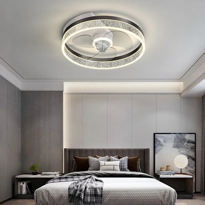 Modern Nordic style white ceiling light with integrated fan blades for a child's room.