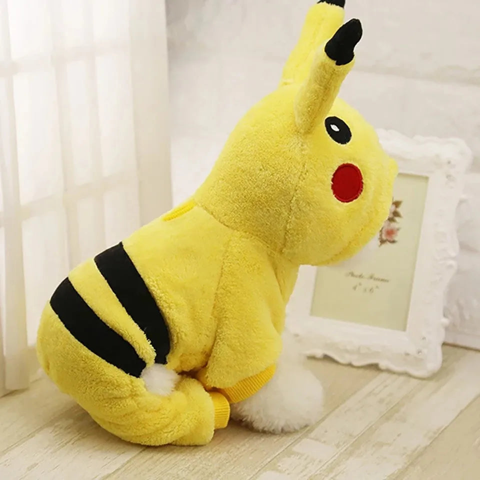 Cute cartoon-style fleece hoodie coat on a small cat or dog for autumn and winter.