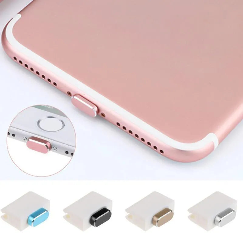 Aluminium alloy iPhone charging port dust plug shown in various colours including gold, silver, blue, and rose gold.