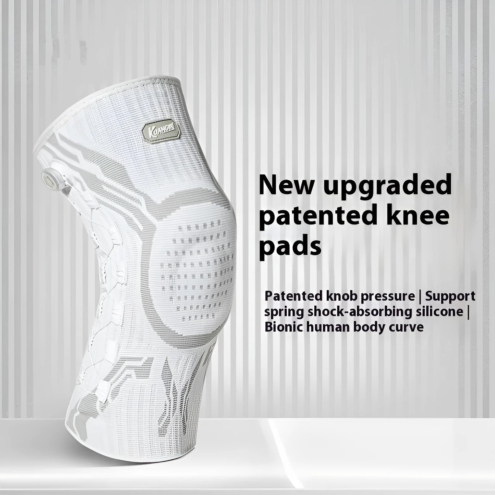 Grey-white adult sports knee pad for left or right knee in sizes M, L, XL