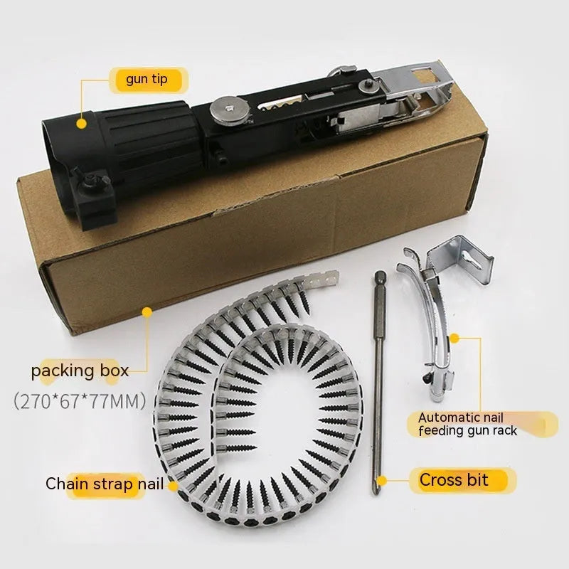 Chain screw gun head attachment for electric screwdrivers with stainless steel construction and plastic handle