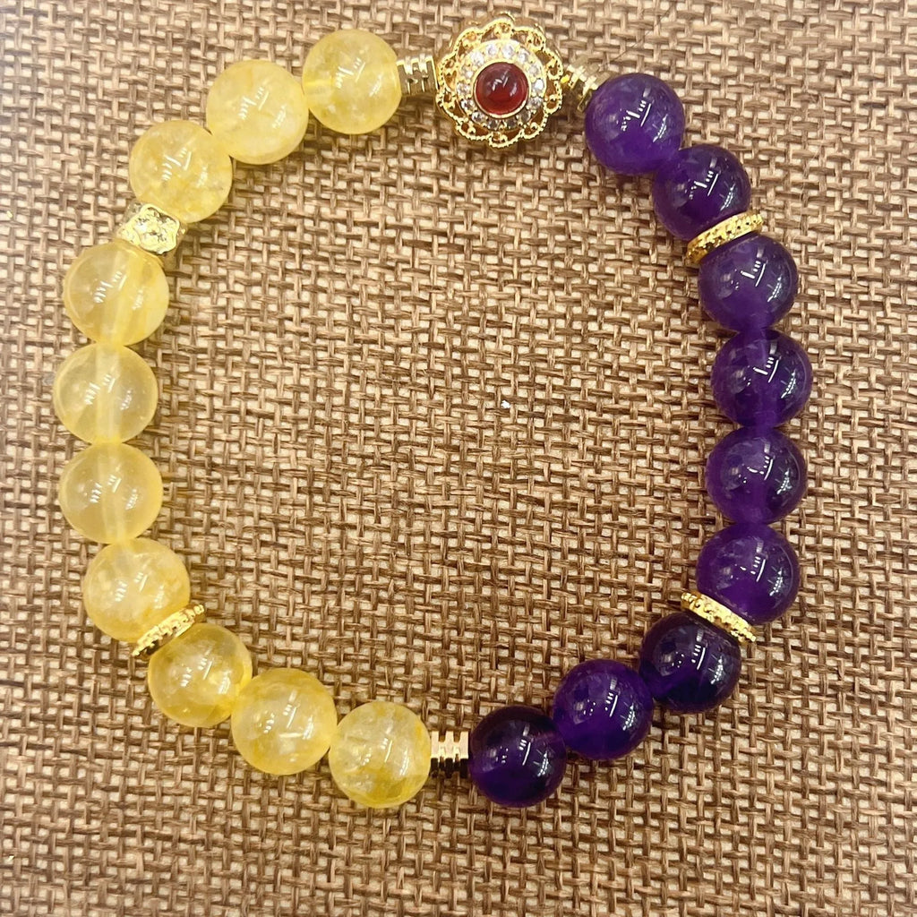 Handmade yellow and purple crystal bracelet with amethyst accents for women