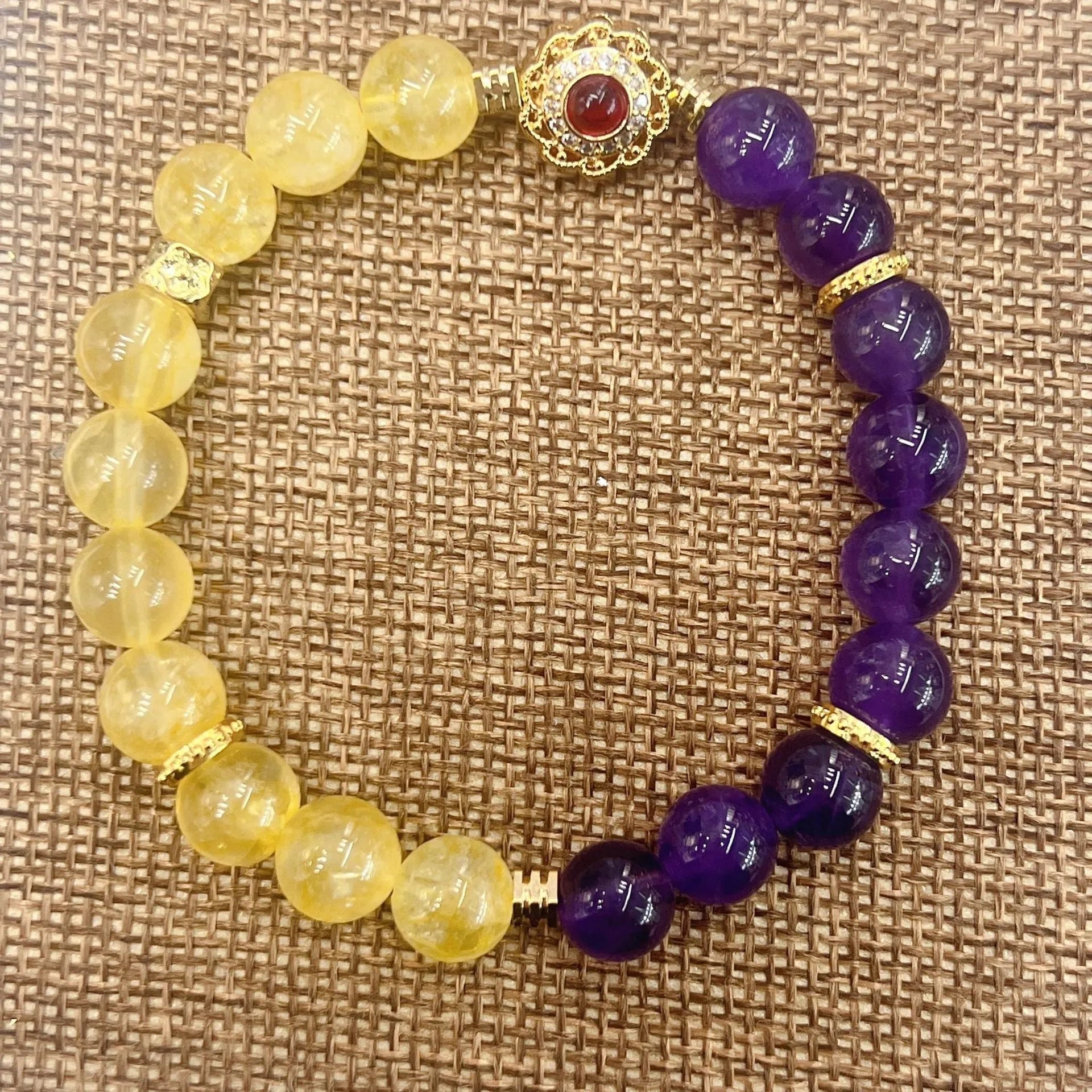 Handmade yellow and purple crystal bracelet with amethyst accents for women