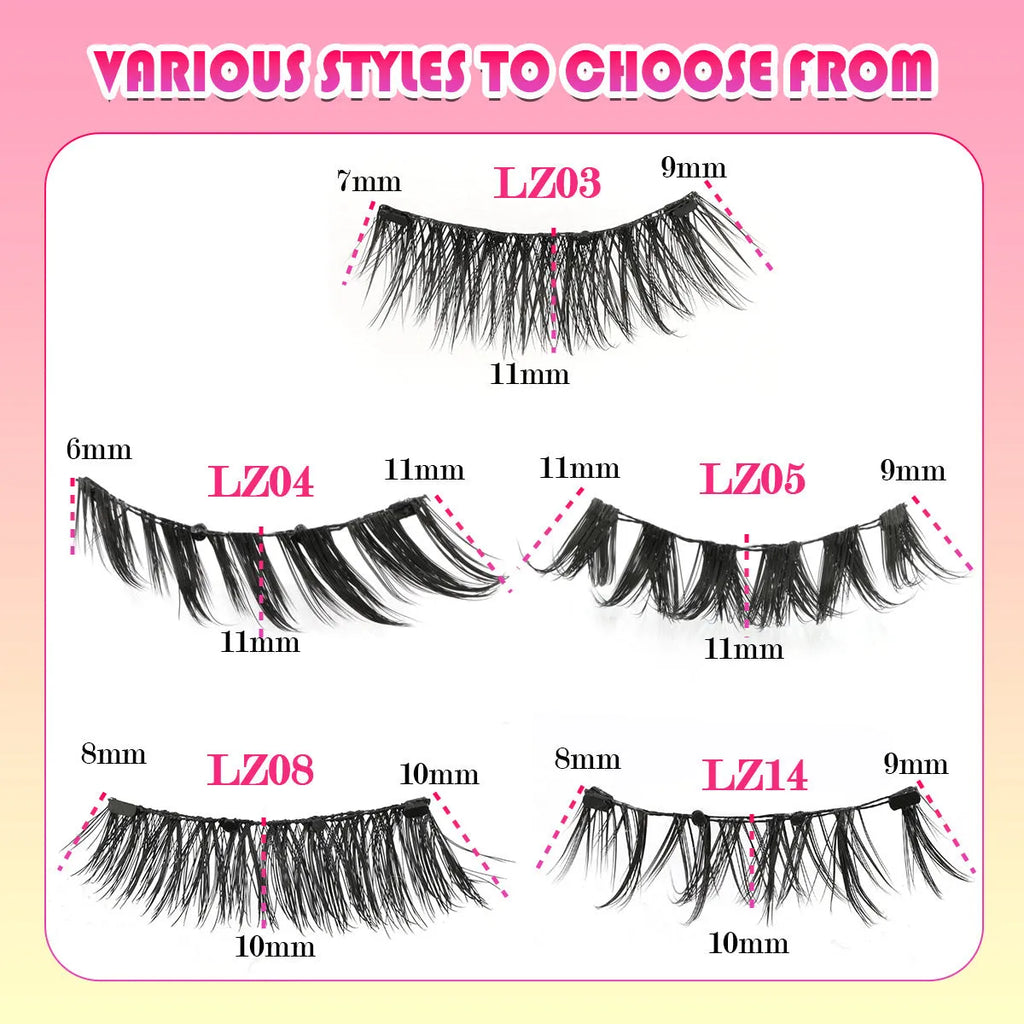 Set of thick, reusable waterproof false eyelashes in five sizes LZ03 to LZ14 on a clear tray.