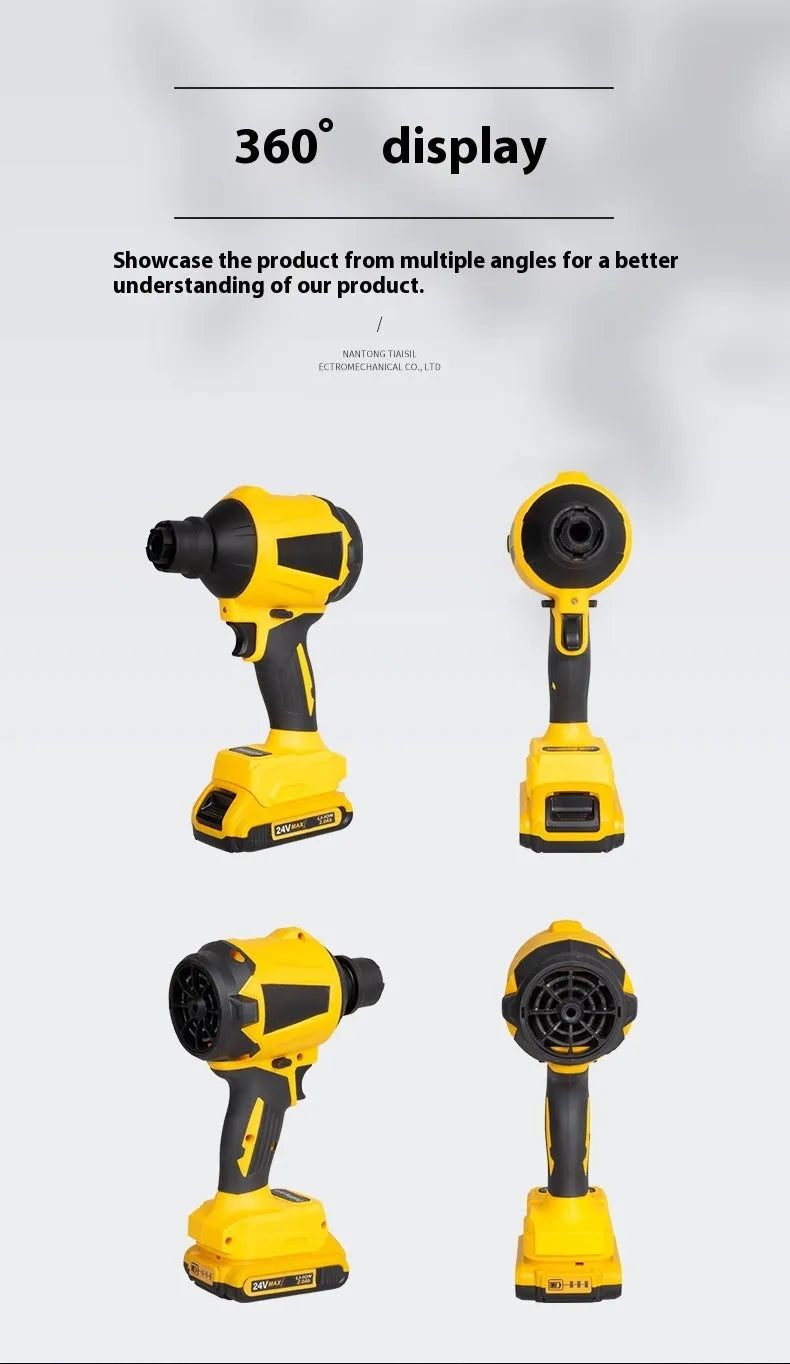 Yellow cordless dust gun with 18V lithium battery for office and appliance cleaning