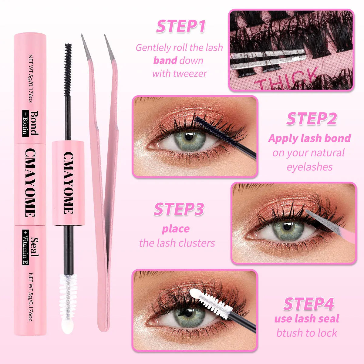 DIY false eyelashes extension suit showing segment single cluster lashes and included tweezers