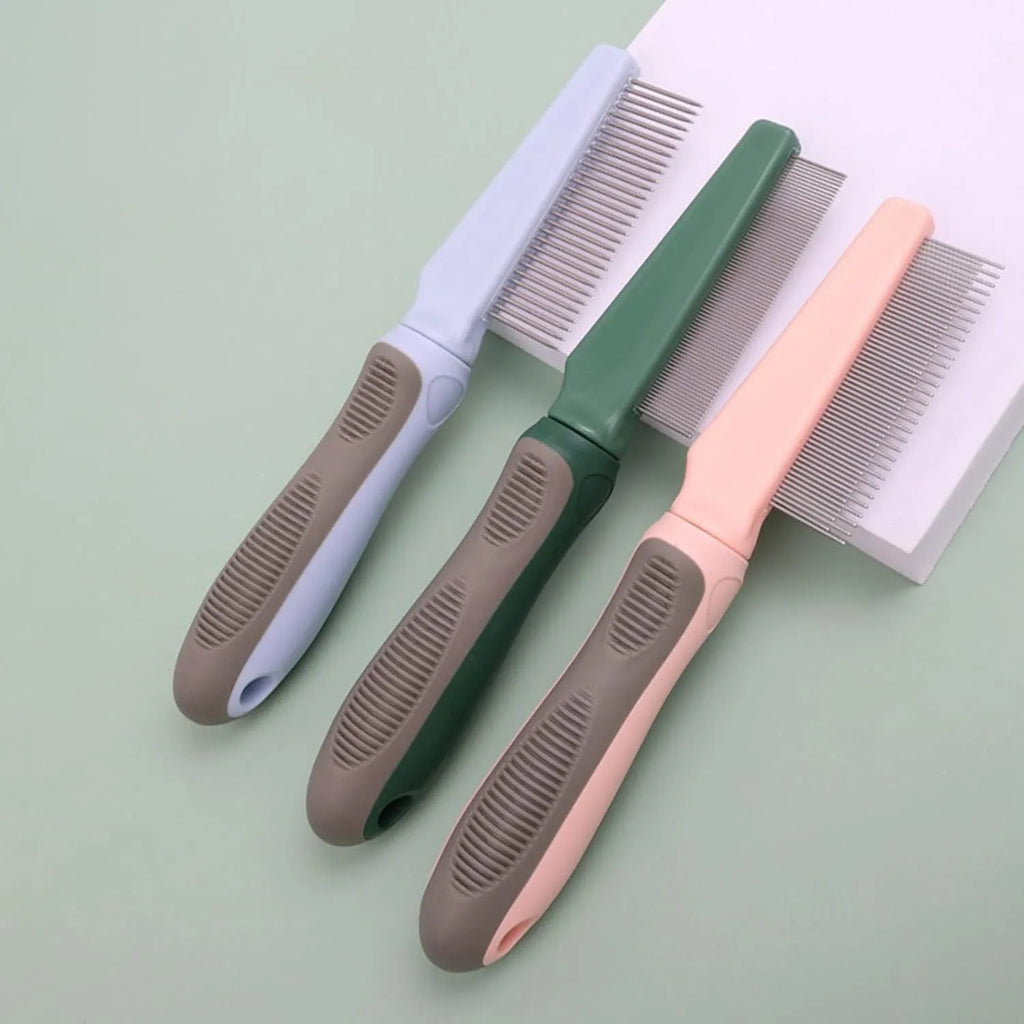 Blue pet grooming comb with three interchangeable heads: dense needle, high-low needle, and sparse needle configurations