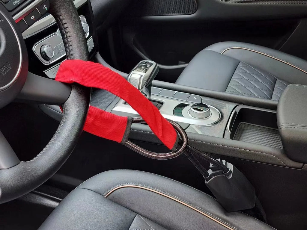 General Motors car steering wheel wire rope lock in red colour showing iron construction