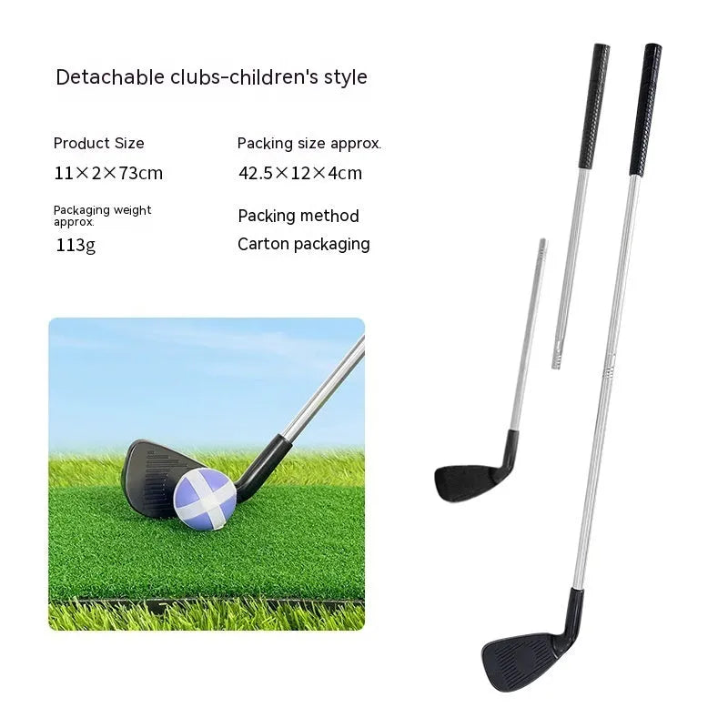 Metal golf club set showing adult and children's sized clubs for outdoor sports practice