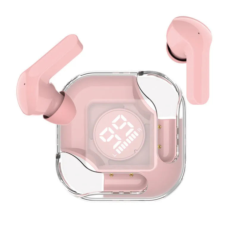 Transparent design TWS wireless Bluetooth in-ear headphones in white, black, blue, green, and pink colour options.