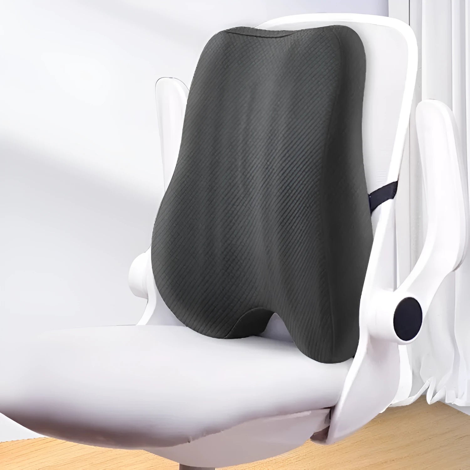 Grey contoured lumbar support pillow for office chair, showing 40x40x8cm dimensions.