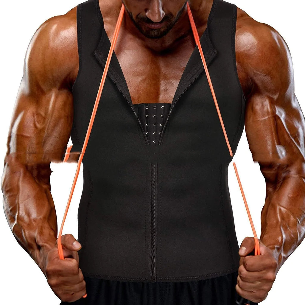 Men's black polyester waist girdling zipper vest for belly contraction and lumbar support