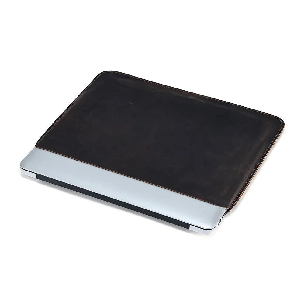 Brown Crazy Horse leather computer liner bag with horizontal design and cowhide lining