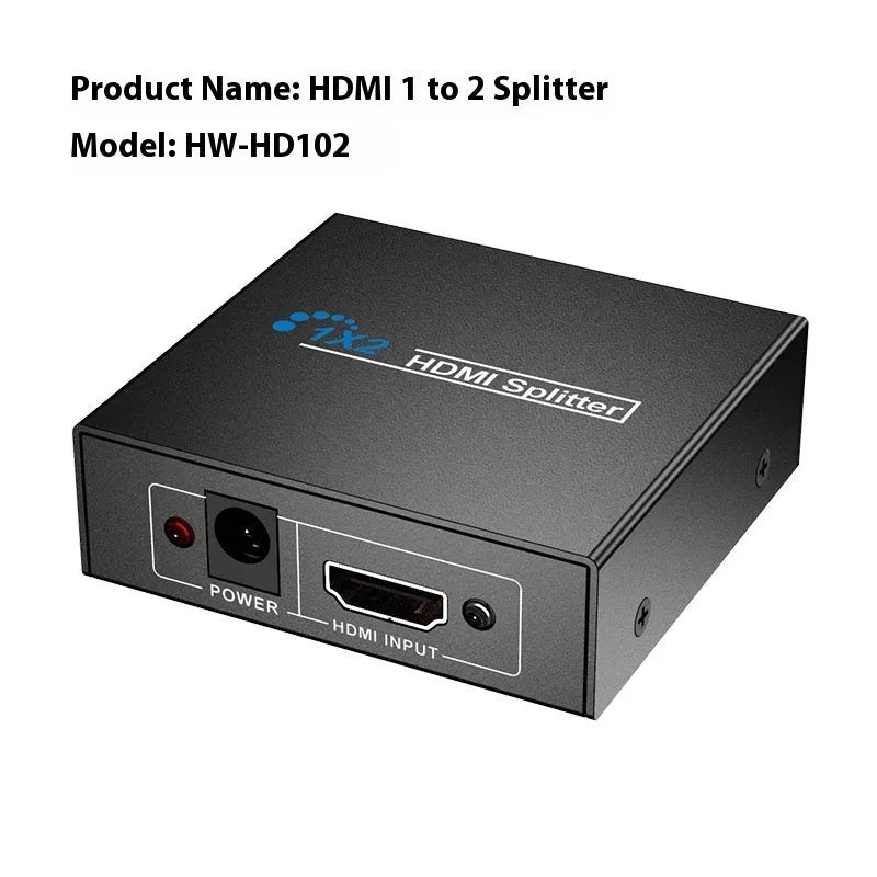HDMI splitter distributing one 4K source to two outputs with USB power cable