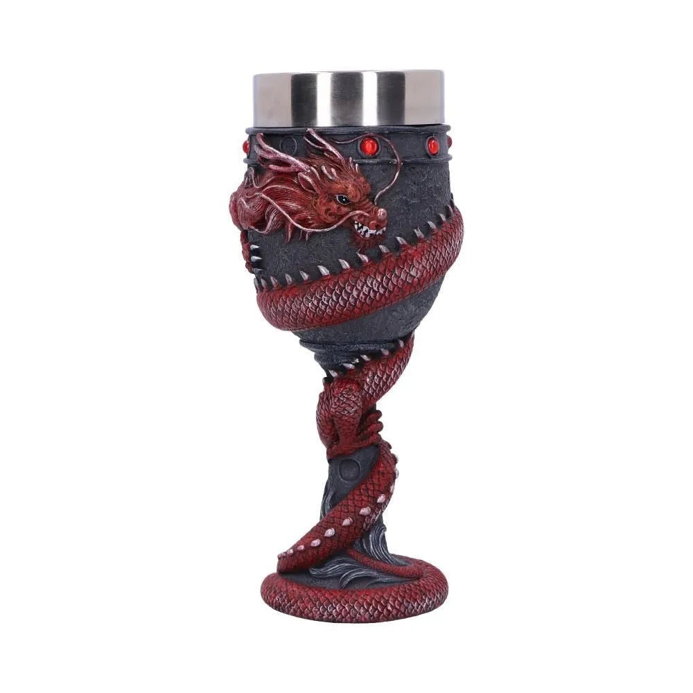 Red wine glass with 3D Chinese dragon design and stainless steel stem in gold finish.
