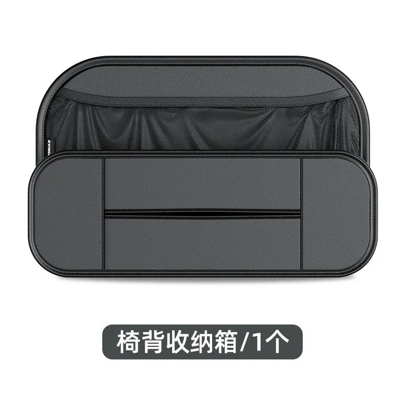 Black leather car seat back storage organiser with adjustable compartments