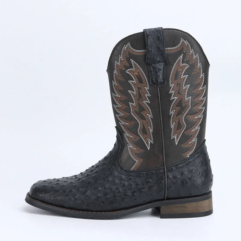 Men's black Western denim motorcycle boots with square toe design and low wedge heel