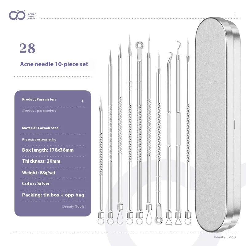 Four silver metal acne needles with pointed tips laid out on a surface.