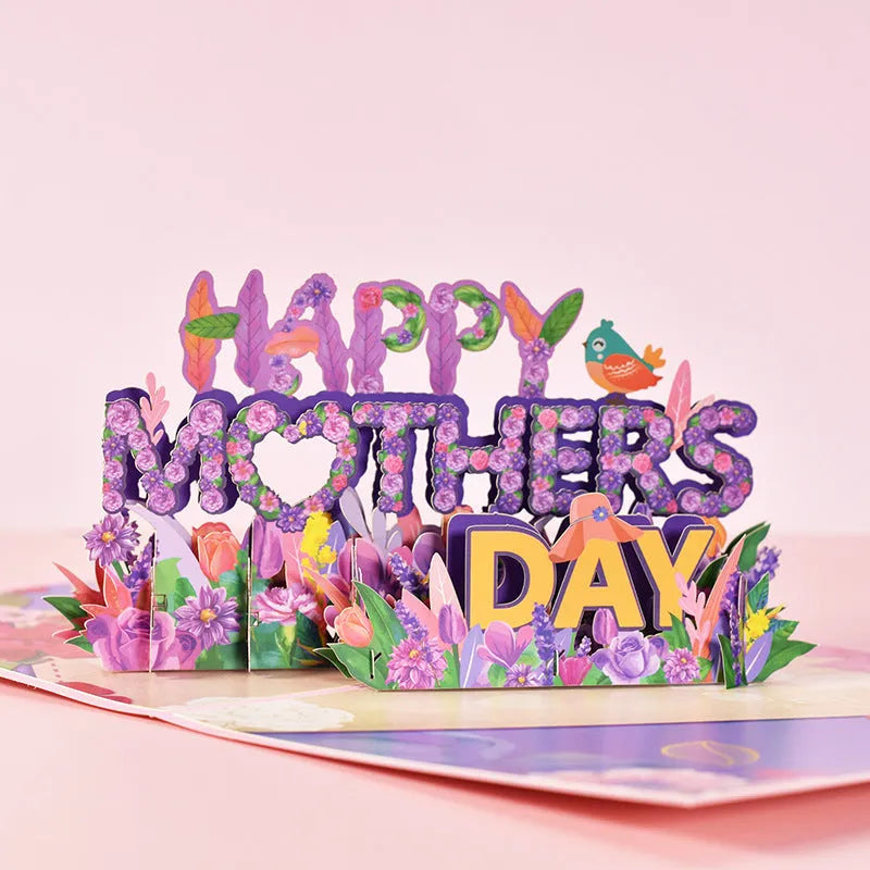 3D pop-up Mother's Day card with floral rose cutout and flower bouquet inside