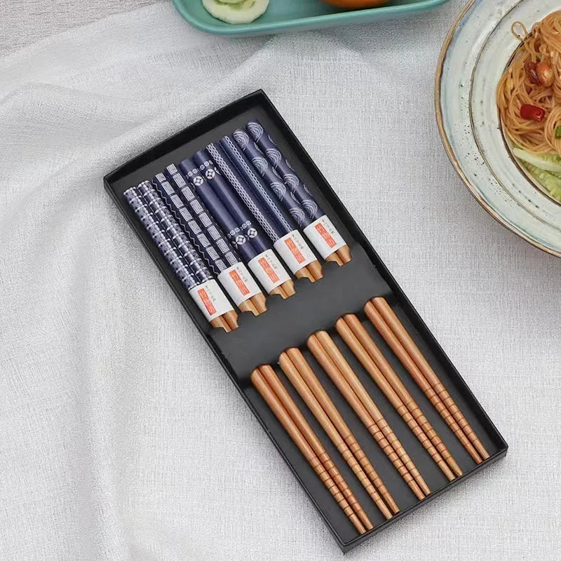 Five pairs of Japanese style bamboo chopsticks with lucky cat or elegant blue cartoon patterns