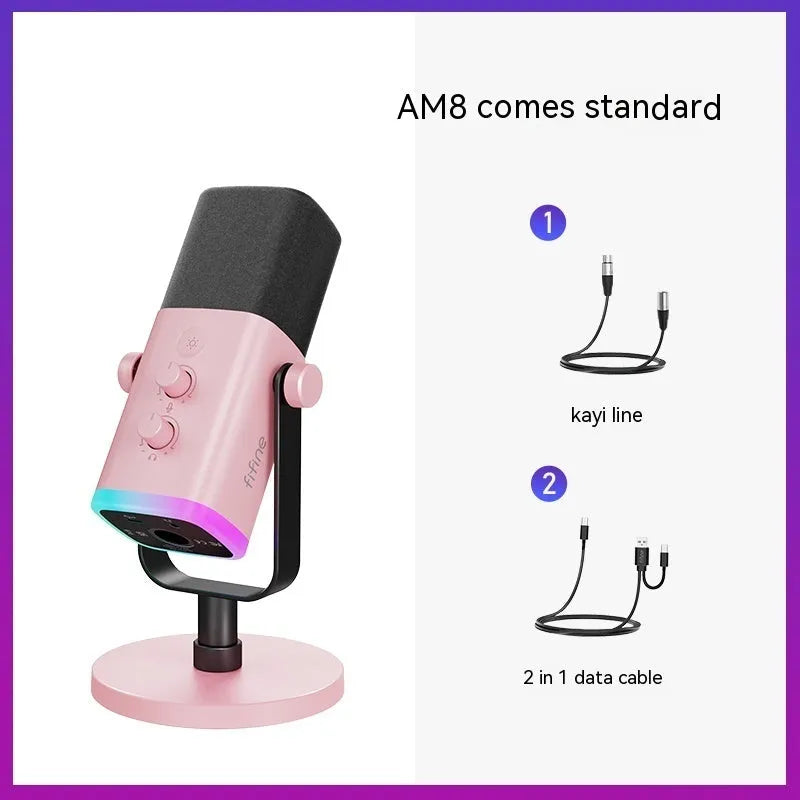 Dynamic noise reduction microphone in black, pink, or white colours with ABS PC construction and included accessories